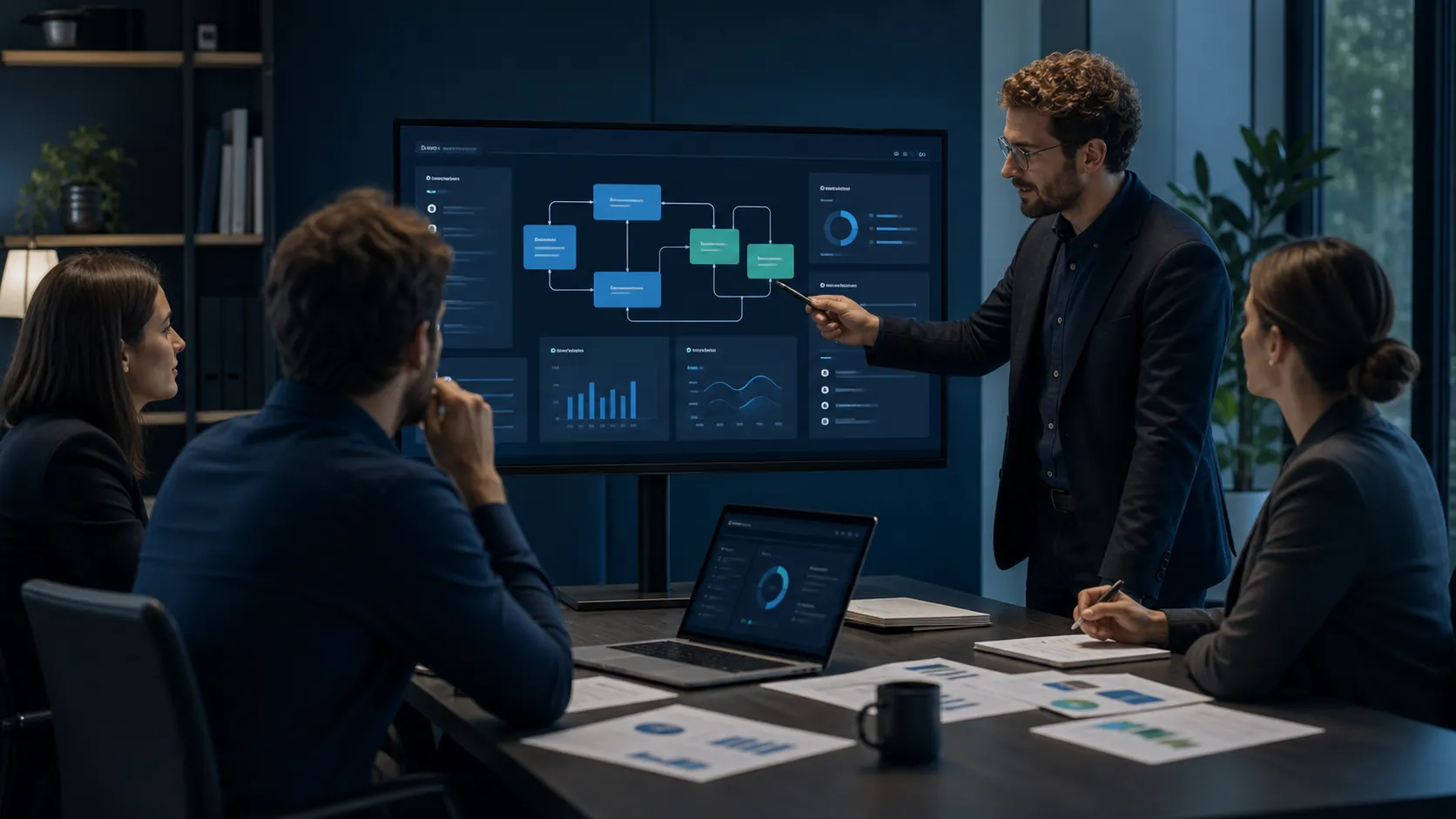 Team di una PMI in ufficio mentre analizza dashboard, workflow e processi AI durante una riunione operativa