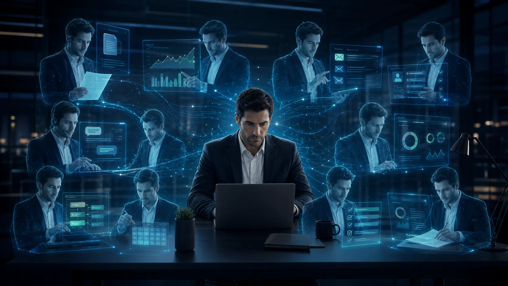 Impiegato operativo supportato da un agente AI, con più attività simultanee come email, documenti, analisi, checklist e dashboard per evocare un forte aumento di produttività