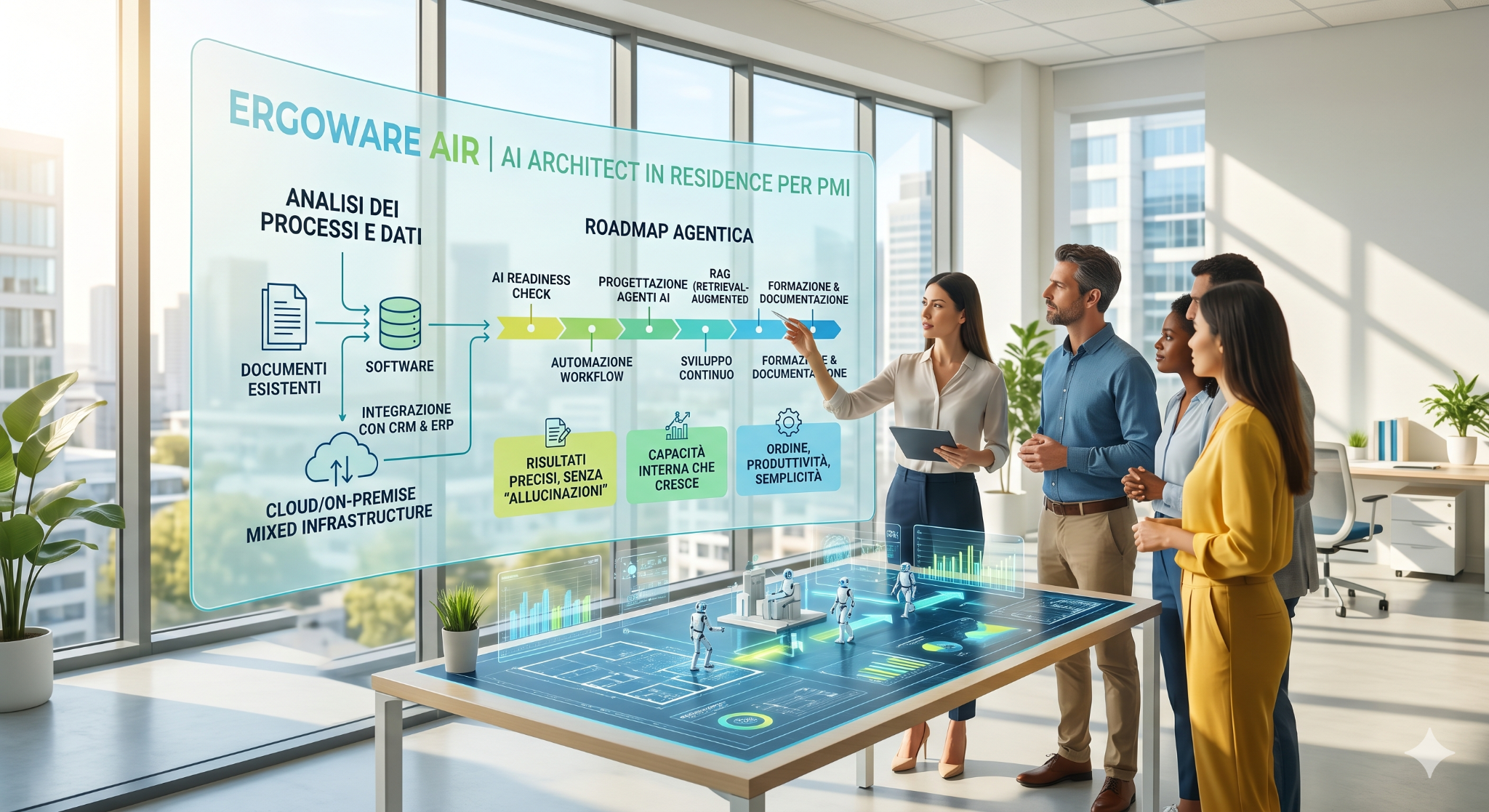 Roadmap visiva di AI Architect in Residence per PMI con analisi processi, agenti AI, RAG e formazione