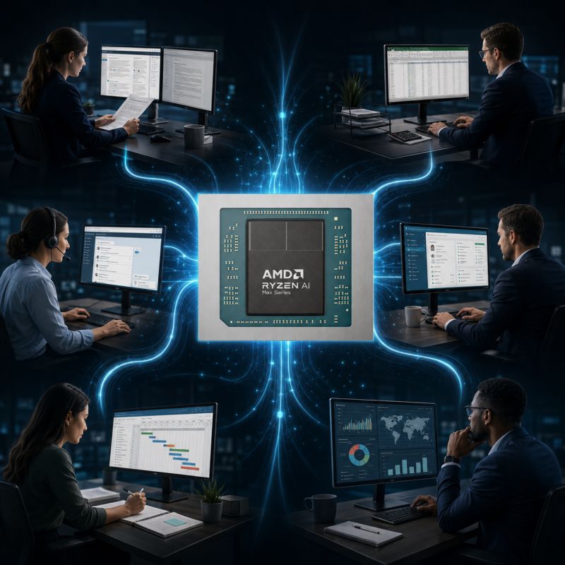 Mini PC con AMD Ryzen AI Max al centro di un flusso di lavoro aziendale con agenti AI locali e postazioni operative