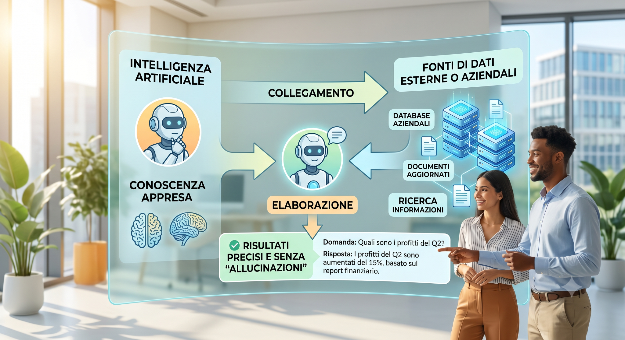 Schema di un sistema RAG aziendale collegato a documenti, database e fonti dati interne